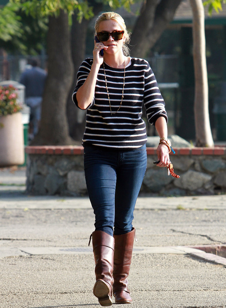 Reese Witherspoon in Striped Sweater and Brown Riding Boots Reese Witherspoon in Striped Sweater and Brown Riding Boots