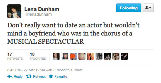 Lena Dunham clearly has got her comedic dating priorities down pat.
Lena Dunham clearly has got her comedic dating priorities down pat.