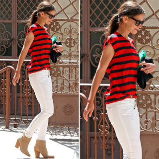 Katie Holmes Red and Navy Stripe Top