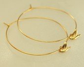 Birdhouse Jewelry - Gold Hoops with Tiny Flying Birds