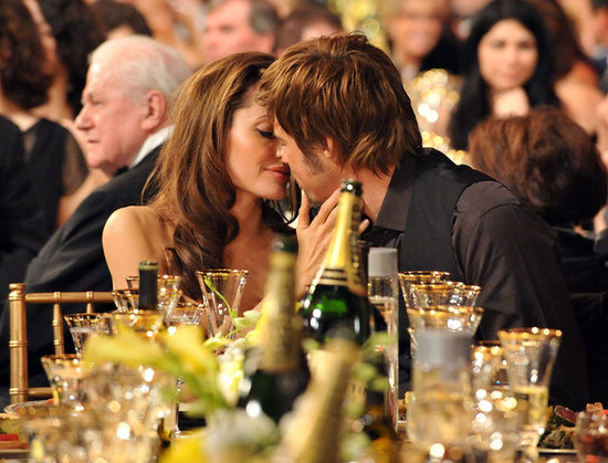 Angelina Jolie planted a kiss on Brad Pitt during the SAG Awards in January 2007.
Angelina Jolie planted a kiss on Brad Pitt during the SAG Awards in January 2007.