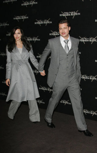 Angelina Jolie and Brad Pitt wore matching shades of gray at his Paris premiere of The Curious Case of Benjamin Button in January 2009.
Angelina Jolie and Brad Pitt wore matching shades of gray at his Paris premiere of The Curious Case of Benjamin Button in January 2009.