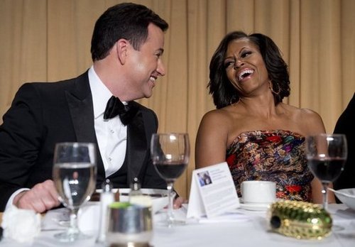 First lady Michelle Obama laughed with Jimmy Kimmel.
First lady Michelle Obama laughed with Jimmy Kimmel.
