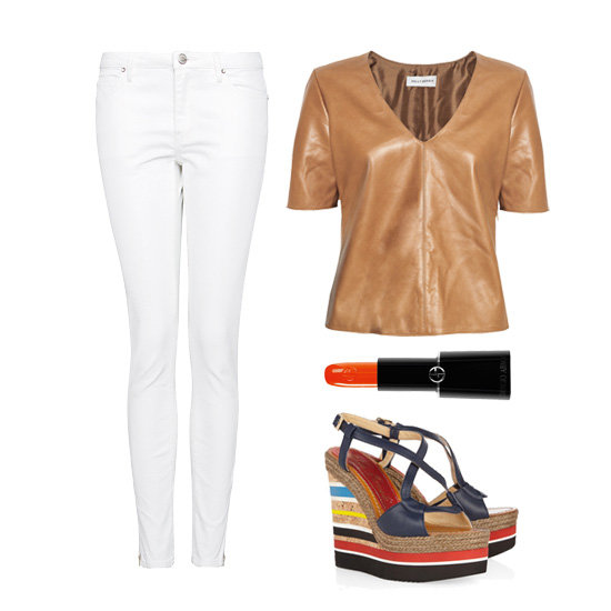How's this for an attention-getting daytime look? Pair your caramel-colored Spring leather top with a pair of crisp white skinny jeans, then add striped wedges and a sweep of bold tangerine lipstick.
Mango Super Slim Fit Cropped Jeans ($55), Kelly Bergin Leather Top ($495), Armani Beauty Rouge Sheer d'Armani Lipstick in Acid Tangerine ($30),
Paloma Barceló Formentera Leather Wedge Sandals ($245) How's this for an attention-getting daytime look? Pair your caramel-colored Spring leather top with a pair of crisp white skinny jeans, then add striped wedges and a sweep of bold tangerine lipstick.
Mango Super Slim Fit Cropped Jeans ($55), Kelly Bergin Leather Top ($495), Armani Beauty Rouge Sheer d'Armani Lipstick in Acid Tangerine ($30),
Paloma Barceló Formentera Leather Wedge Sandals ($245)