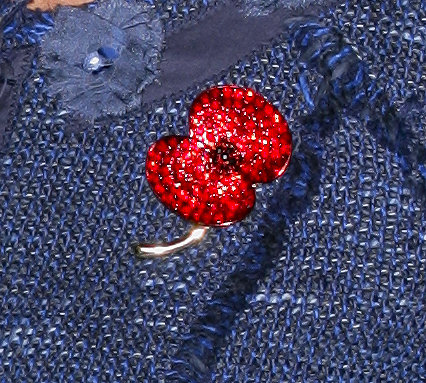 A close-up of her sparkly red poppy brooch pin.
A close-up of her sparkly red poppy brooch pin.
