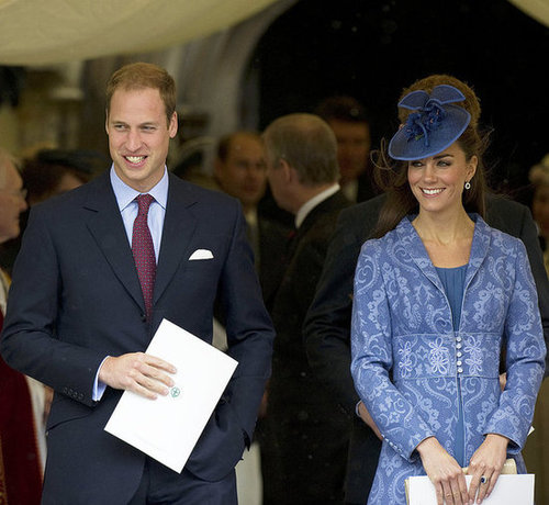 Prince William and Kate joined the royal family at church services in Windsor, England, in June 2011 to celebrate Prince Philip's 90th birthday. She donned a blue Zara dress, a Philip Treacy hat, a Jane Troughton embroidered jacket, and LK Bennett pumps.
Prince William and Kate joined the royal family at church services in Windsor, England, in June 2011 to celebrate Prince Philip's 90th birthday. She donned a blue Zara dress, a Philip Treacy hat, a Jane Troughton embroidered jacket, and LK Bennett pumps.