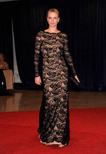 Charlize Theron wore a long lace gown.
Charlize Theron wore a long lace gown.