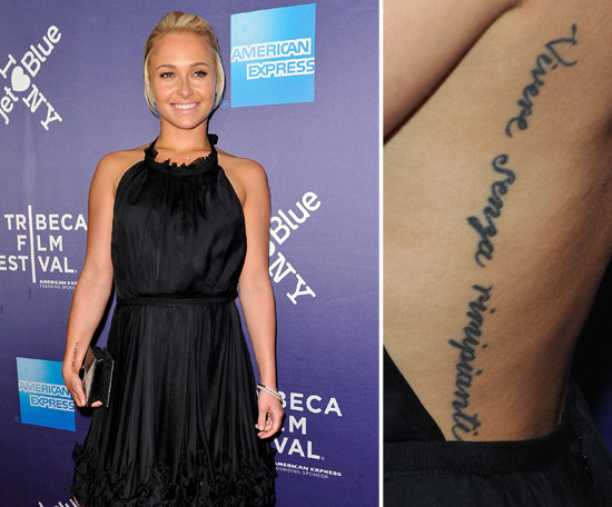 Hayden Panettiere accidentally misspelled an Italian-language tattoo on her back. It's supposed to be a direct translation of the phrase "to live without regrets."
Hayden Panettiere accidentally misspelled an Italian-language tattoo on her back. It's supposed to be a direct translation of the phrase "to live without regrets."