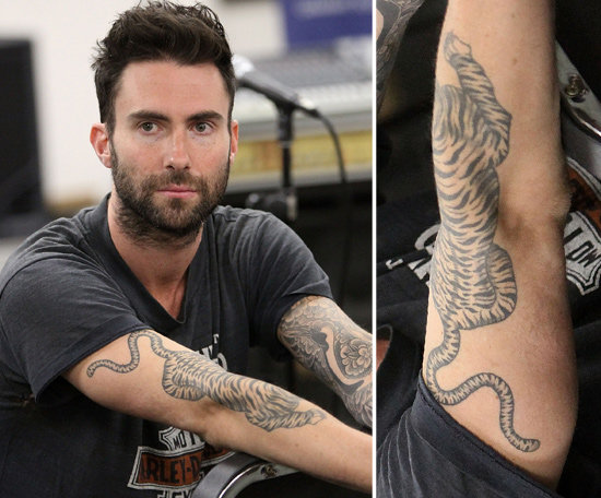 Adam Levine has a tattoo sleeve on his left arm and a large tiger design placed on his right forearm.
Adam Levine has a tattoo sleeve on his left arm and a large tiger design placed on his right forearm.