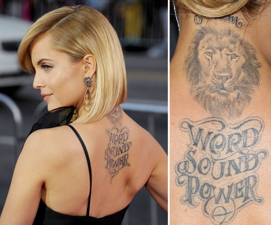 Mena Suvari got a lion's head with the words "word, sound, power" on her upper back in 2008.
Mena Suvari got a lion's head with the words "word, sound, power" on her upper back in 2008.