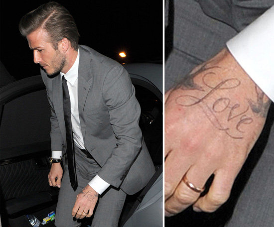 In October 2011, David Beckham revealed "Love" on his left hand. He added the word to his tattoos three months after the birth of his daughter, Harper.
In October 2011, David Beckham revealed "Love" on his left hand. He added the word to his tattoos three months after the birth of his daughter, Harper.