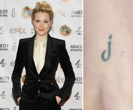 Evan Rachel Wood has the initial of her love, Jamie Bell, tattooed on her ankle. Evan has nine tattoos — and counting.
Evan Rachel Wood has the initial of her love, Jamie Bell, tattooed on her ankle. Evan has nine tattoos — and counting.