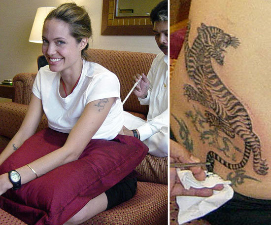 Angelina Jolie sat for Thai tattoo master, Sompong Kanphai, in Bangkok in 2008 to get her tiger ink.
Angelina Jolie sat for Thai tattoo master, Sompong Kanphai, in Bangkok in 2008 to get her tiger ink.