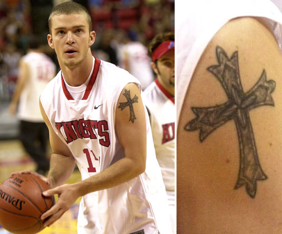 Justin Timberlake has a large cross tattoo on his upper left shoulder.