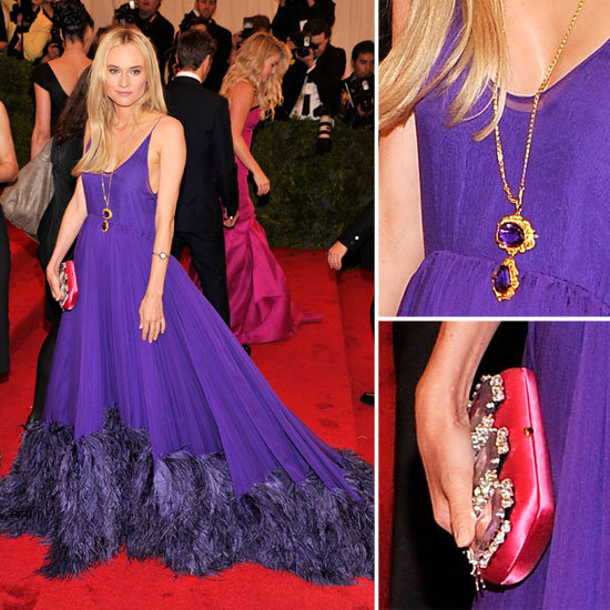 Pictures of Diane Kruger in Feather Hemmed Purple Prada Dress on the Red Carpet at the 2012 Met Costume Institue Gala