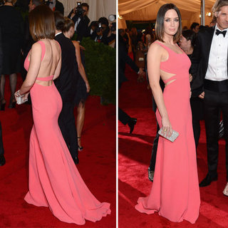 Pictures of Emily Blunt in Pink Calvin Klein Backless Dress Dress on the Red Carpet at the 2012 Met Costume Institue Gala