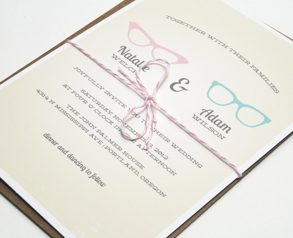 If you fell in love with a fellow "four eyes," the vintage geek-chic invitations ($3 each) are a fitting option.
If you fell in love with a fellow "four eyes," the vintage geek-chic invitations ($3 each) are a fitting option.