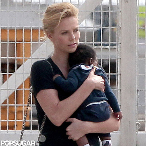 Charlize Theron held onto baby Jackson boarding the private plane.
Charlize Theron held onto baby Jackson boarding the private plane.