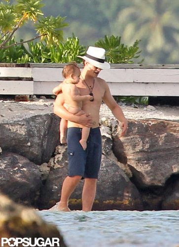Orlando Bloom held Flynn as he stepped into the ocean in Bora Bora.
Orlando Bloom held Flynn as he stepped into the ocean in Bora Bora.