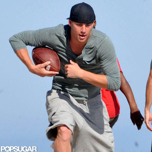 Channing Tatum played football on the beach.
Channing Tatum played football on the beach.