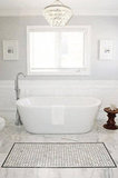 AM Dolce Vita,Master bathroom, before and after, Bianco Carrara marble tile, Robert Abbey Bling chandelier, bathroom wainscoting