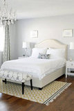 AM Dolce Vita, Master Bedroom, Windsor Smith Pelagos Drapes in Mist, William-Sonomas Upholstered Bed, French Bow-front Dresser,