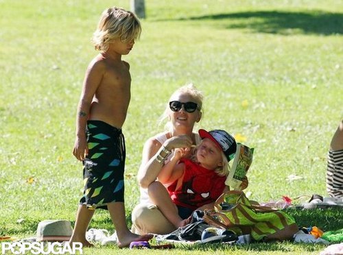 Kingston Rossdale wore his board shorts as he hung out with his mom and brother in the park.
Kingston Rossdale wore his board shorts as he hung out with his mom and brother in the park.