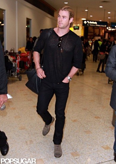 Chris Hemsworth arrived at Sydney's airport wearing an all-black outfit. Chris Hemsworth arrived at Sydney's airport wearing an all-black outfit.