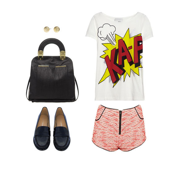 Add classic pieces, like a tweed-inspired boucle short and patent-leather loafers, to give your graphic t-shirt a more refined boost. Since the boucle injects instant dynamic, you don't have to go wild on the accessories front — we opted for a simple gold stud earring instead.
Get the look:
3.1 Phillip Lim Printed Cotton and Modal-Blend Jersey T-Shirt ($175)
Co-Ord Boucle Shorts ($76)
Marais USA Black Flat Loafer ($49)
ASOS Metal Hinge Handheld Bag ($58)
Hive & Honey Etched Ball Stud Earrings ($14)
Add classic pieces, like a tweed-inspired boucle short and patent-leather loafers, to give your graphic t-shirt a more refined boost. Since the boucle injects instant dynamic, you don't have to go wild on the accessories front — we opted for a simple gold stud earring instead.
Get the look:
3.1 Phillip Lim Printed Cotton and Modal-Blend Jersey T-Shirt ($175)
Co-Ord Boucle Shorts ($76)
Marais USA Black Flat Loafer ($49)
ASOS Metal Hinge Handheld Bag ($58)
Hive & Honey Etched Ball Stud Earrings ($14)