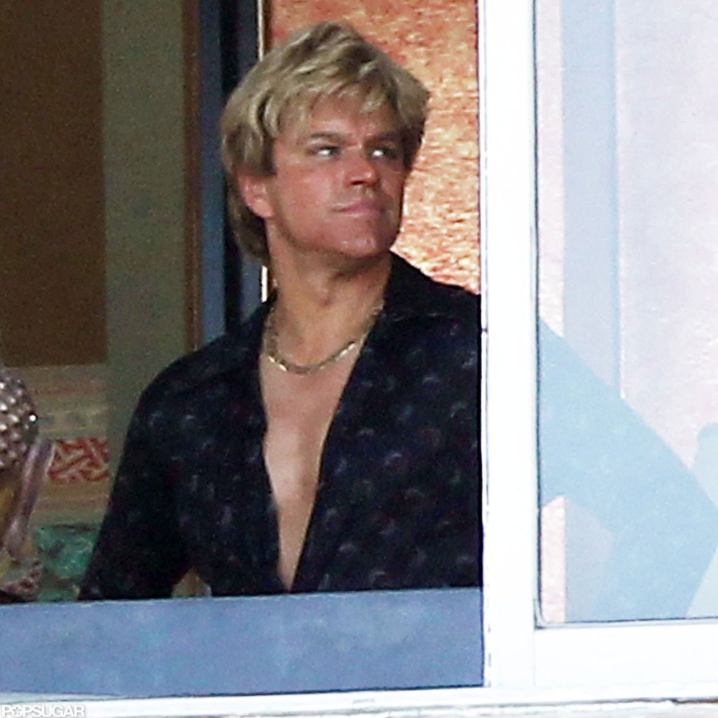Matt Damon accessorized with a gold chain on set in LA. Matt Damon accessorized with a gold chain on set in LA.