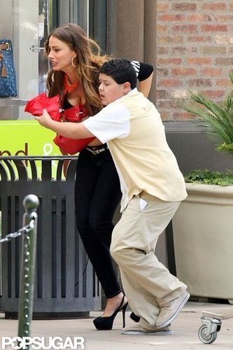 Sofia Vergara Bares a Baby Bump in a Bra on Set Sofia Vergara Bares a Baby Bump in a Bra on Set
