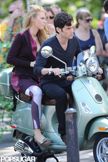 Blake Lively and Penn Badgley hopped on a Vespa in NYC. Blake Lively and Penn Badgley hopped on a Vespa in NYC.