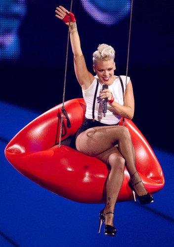 Pink rode into her performance on a pair of lips.
Pink rode into her performance on a pair of lips.