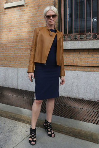 A draped leather jacket was just the thing to top a classic sheath — especially in this buttery hue.
A draped leather jacket was just the thing to top a classic sheath — especially in this buttery hue.