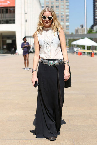 A draped black maxi got a boho-fresh finish with a Southwest-feeling belt and a lacy topper.
A draped black maxi got a boho-fresh finish with a Southwest-feeling belt and a lacy topper.
