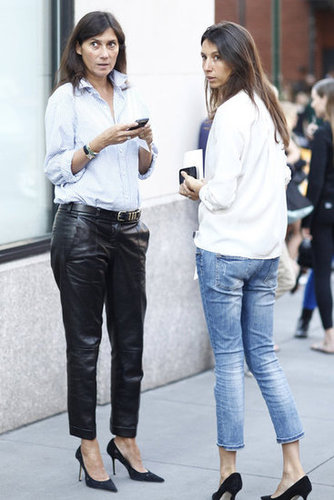 Emmanuelle Alt added a pair of slouchy leather trousers to her staple button-down.
Source: Greg Kessler
Emmanuelle Alt added a pair of slouchy leather trousers to her staple button-down.
Source: Greg Kessler