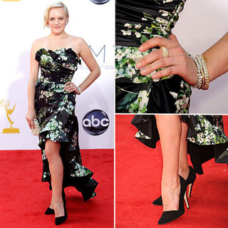 Pictures of Elisabeth Moss in Dolce & Gabban Floral dress on the red carpet at the 2012 Emmy Awards