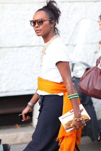 Quirky specs, a touch of tribal jewels and high-wattage color gave this t-shirt and skirt combo added interest.
Source: Greg Kessler
Quirky specs, a touch of tribal jewels and high-wattage color gave this t-shirt and skirt combo added interest.
Source: Greg Kessler