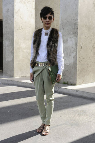 A fur vest gave these lightweight trousers and sandals a touch of Fall.
A fur vest gave these lightweight trousers and sandals a touch of Fall.