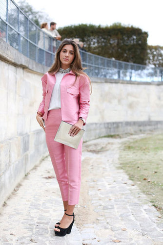 Sweet pink suiting with glam details, like a pair of platforms and a jeweled necklace.
Sweet pink suiting with glam details, like a pair of platforms and a jeweled necklace.