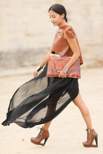 The juxtaposition between sheer fabrics and buttery leather stole the show in this ensemble.
The juxtaposition between sheer fabrics and buttery leather stole the show in this ensemble.