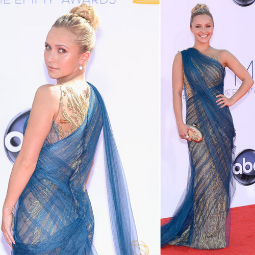 Pictures of Hayden Panettiere in Marchesa Gold and Blue Marchesa Gown on the red carpet at the 2012 Emmy Awards