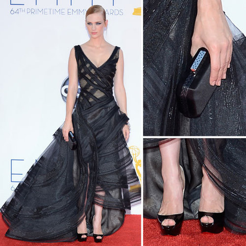 Pictures of Mad Men Star January Jones in Black Zac Posen Dress on the red carpet at the 2012 Emmy Awards