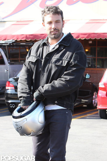 Ben Affleck put his helmet back on after stopping for lunch. Ben Affleck put his helmet back on after stopping for lunch.