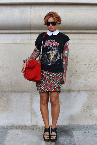 A printed collared dress may be sweet on its own, but coupled with a vintage tee and cutout wedges, it's decidedly edgy.
A printed collared dress may be sweet on its own, but coupled with a vintage tee and cutout wedges, it's decidedly edgy.