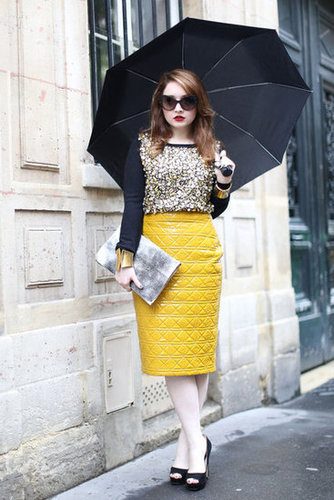 The quilted texture on this pencil skirt added edge to a sequined top.
The quilted texture on this pencil skirt added edge to a sequined top.