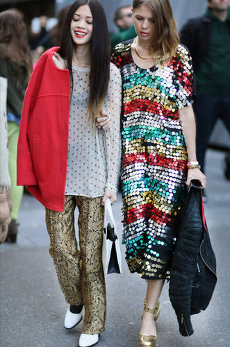 Rainbow-colored paillettes and gold brocade make a pretty pair.
Rainbow-colored paillettes and gold brocade make a pretty pair.