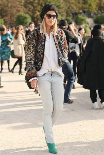 An embellished jacket upped the ante on faded denim.
An embellished jacket upped the ante on faded denim.