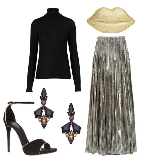 We love the idea of pairing a turtleneck with a fancy metallic skirt and sexy accompaniments for a black-tie-appropriate soiree.
Shop the look:
Topshop Knitted Merino Wool Roll Neck Top ($90)
Lanvin Printed Silk-Blend Lamé Maxi Skirt ($1,960, originally $4,900)
Sorrelli Onyx Mache Drop Earrings ($73)
Lulu Guinness Glittery Lips Perspex Clutch ($403)
Giuseppe Zanotti Ankle-Strap Sandal ($595)
We love the idea of pairing a turtleneck with a fancy metallic skirt and sexy accompaniments for a black-tie-appropriate soiree.
Shop the look:
Topshop Knitted Merino Wool Roll Neck Top ($90)
Lanvin Printed Silk-Blend Lamé Maxi Skirt ($1,960, originally $4,900)
Sorrelli Onyx Mache Drop Earrings ($73)
Lulu Guinness Glittery Lips Perspex Clutch ($403)
Giuseppe Zanotti Ankle-Strap Sandal ($595)