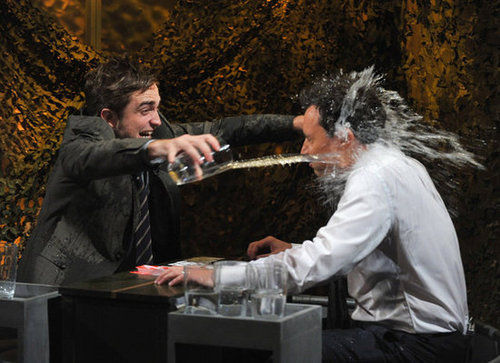 Robert Pattinson threw water on Jimmy Fallon in NYC.
Robert Pattinson threw water on Jimmy Fallon in NYC.
